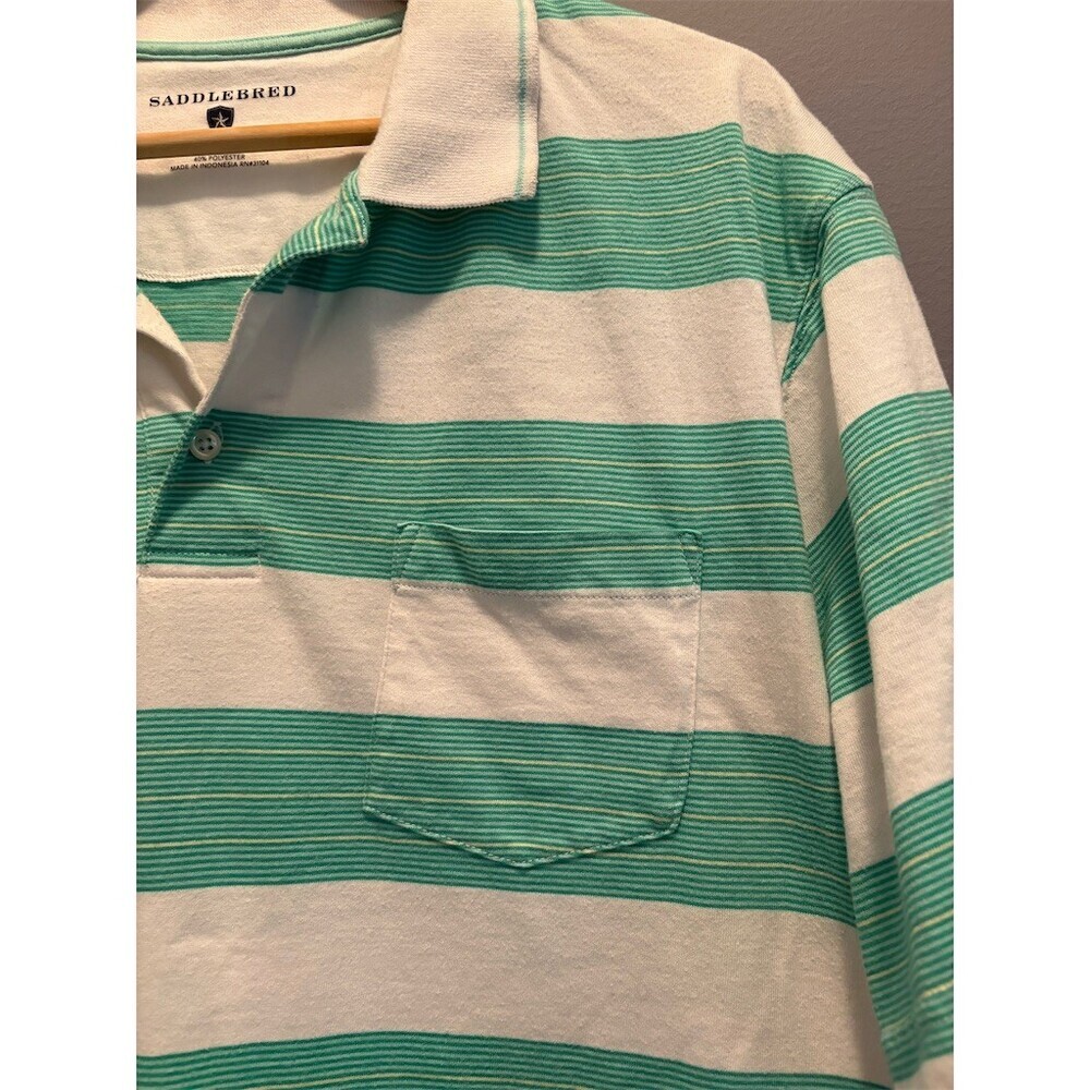 Saddlebred Polo Shirt Mens 2XL White Green Striped Short Sleeve Pocket - Picture 2 of 8
